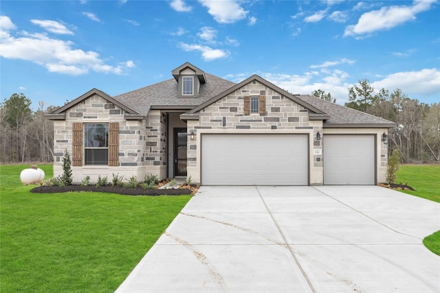 520 Barton Place Dr, Cleveland, TX 77327 - french country home with stone siding, a front lawn, an attached garage, concrete driveway, and roof with shingles