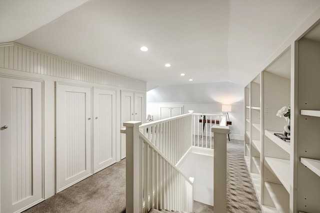 1639 Hawthorne St, Houston, TX 77006 - hall featuring an upstairs landing, carpet flooring, lofted ceiling, and recessed lighting