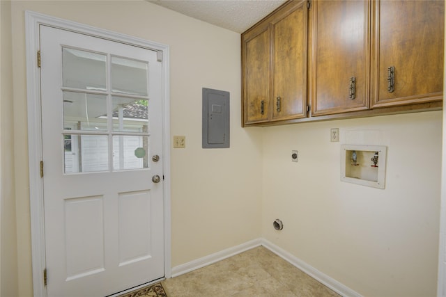 55 Flag Ct, Lake Jackson, TX 77566 - laundry area with electric panel, electric dryer hookup, cabinet space, hookup for a washing machine, and baseboards