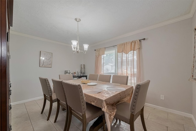 10534 Towne Square Rd, Sugar Land, TX 77498 - dining area with ornamental molding, a chandelier, light tile patterned floors, a textured ceiling, and baseboards
