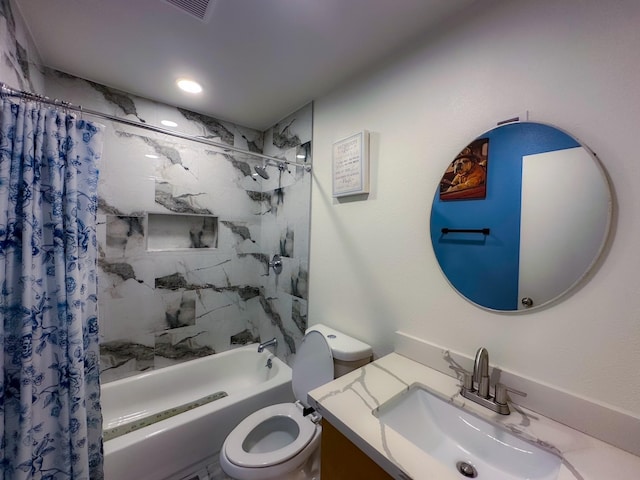 3426 Wuthering Heights Dr, Houston, TX 77045 - bathroom with shower / tub combo with curtain, vanity, and toilet