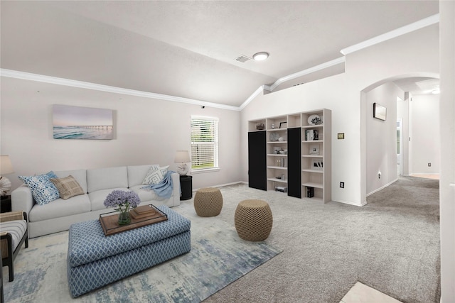 18206 Eton Ridge Ct, Richmond, TX 77407 - living area featuring arched walkways, ornamental molding, carpet flooring, baseboards, and lofted ceiling