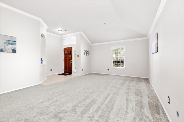 18206 Eton Ridge Ct, Richmond, TX 77407 - carpeted spare room with crown molding, baseboards, and lofted ceiling