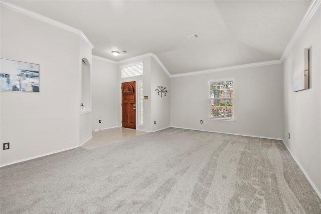 18206 Eton Ridge Ct, Richmond, TX 77407 - empty room featuring light carpet, crown molding, baseboards, and vaulted ceiling