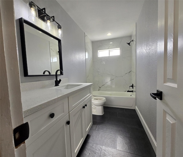 6502 Trail Valley Way, Houston, TX 77086 - bathroom featuring vanity,  shower combination, a textured wall, and stone finish flooring