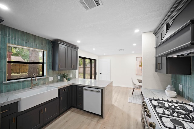 4813 Hummingbird St, Houston, TX 77035 - kitchen with white dishwasher, light wood-style flooring, light stone counters, a peninsula, and a textured ceiling