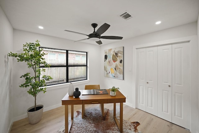 4813 Hummingbird St, Houston, TX 77035 - office area with light wood-type flooring, a ceiling fan, and recessed lighting