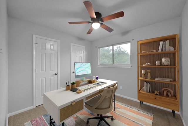 25819 Oakridge Forest Ln, Spring, TX 77386 - office area with a ceiling fan, baseboards, and light carpet
