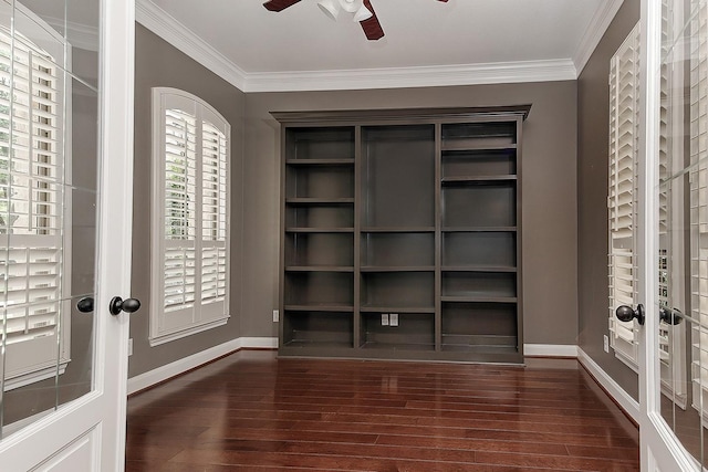70 N Knights Crossing Dr, The Woodlands, TX 77382 - unfurnished room featuring french doors, a ceiling fan, wood finished floors, baseboards, and ornamental molding