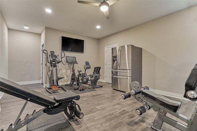 11 Hillsborough Dr E, Montgomery, TX 77356 - exercise area featuring ceiling fan, baseboards, recessed lighting, and wood finished floors