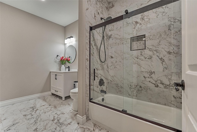 11 Hillsborough Dr E, Montgomery, TX 77356 - bathroom featuring toilet, bath / shower combo with glass door, vanity, baseboards, and marble finish flooring