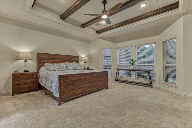 11 Hillsborough Dr E, Montgomery, TX 77356 - carpeted bedroom featuring beamed ceiling, a ceiling fan, baseboards, ornamental molding, and recessed lighting