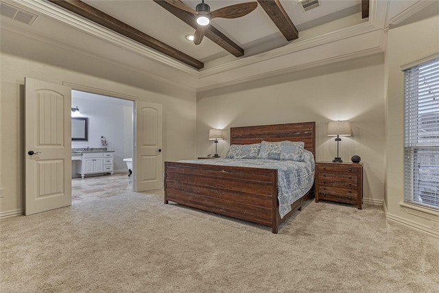 11 Hillsborough Dr E, Montgomery, TX 77356 - bedroom with light colored carpet, beamed ceiling, ornamental molding, baseboards, and a ceiling fan