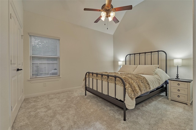 11 Hillsborough Dr E, Montgomery, TX 77356 - bedroom with light carpet, baseboards, a ceiling fan, and high vaulted ceiling