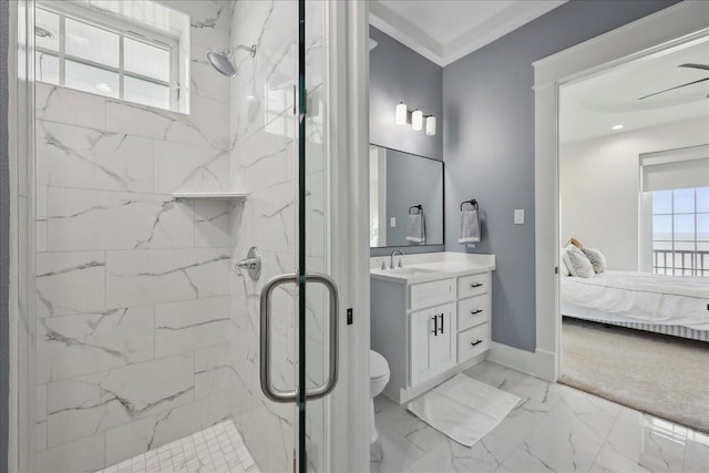 111 Poncho St, Anahuac, TX 77514 - ensuite bathroom with a marble finish shower, vanity, toilet, marble finish flooring, and ornamental molding