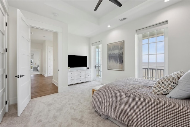 111 Poncho St, Anahuac, TX 77514 - bedroom featuring recessed lighting, carpet flooring, access to outside, baseboards, and ceiling fan