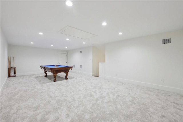 111 Poncho St, Anahuac, TX 77514 - rec room with attic access, recessed lighting, billiards, carpet floors, and baseboards