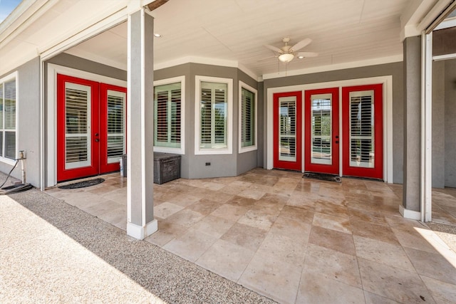 5925 Oak Leaf Ct, Conroe, TX 77304 - doorway to property featuring ceiling fan, a patio area, and stucco siding