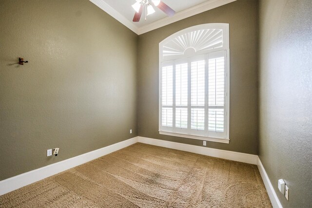 5925 Oak Leaf Ct, Conroe, TX 77304 - carpeted empty room with ornamental molding, baseboards, and ceiling fan