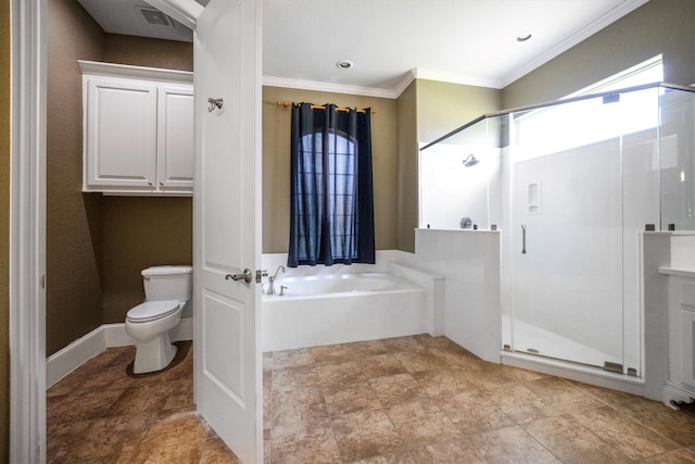 5925 Oak Leaf Ct, Conroe, TX 77304 - bathroom featuring a garden tub, toilet, a stall shower, and crown molding