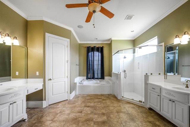 5925 Oak Leaf Ct, Conroe, TX 77304 - bathroom featuring a shower stall, two vanities, a garden tub, ceiling fan, and ornamental molding
