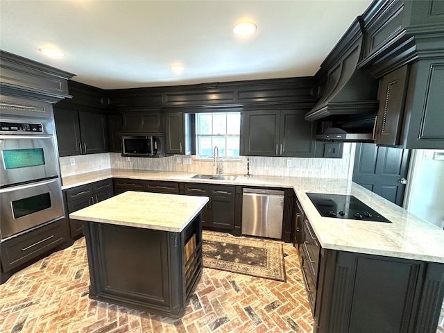 11219 Lorton Dr, Houston, TX 77070 - kitchen with stainless steel appliances, a sink, brick flooring, backsplash, and recessed lighting