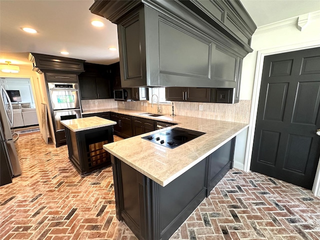 11219 Lorton Dr, Houston, TX 77070 - kitchen with stainless steel appliances, brick floors, a sink, decorative backsplash, and ornamental molding