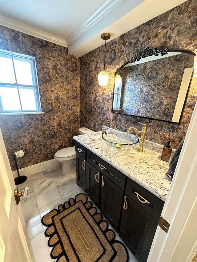 11219 Lorton Dr, Houston, TX 77070 - bathroom with crown molding, vanity, toilet, baseboards, and marble finish flooring