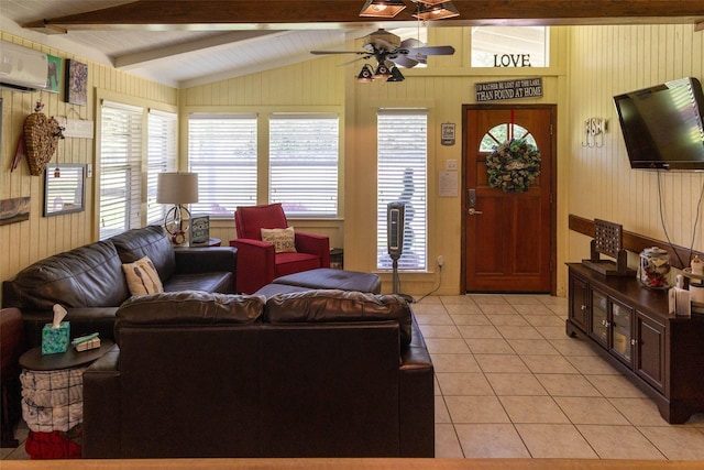 712 Birch Hollow Dr, Somerville, TX 77879 - living room featuring ceiling fan, light tile patterned floors, wooden walls, and a wall mounted AC