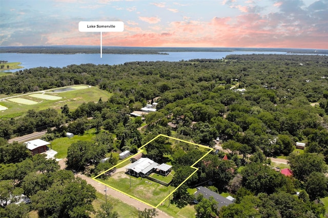712 Birch Hollow Dr, Somerville, TX 77879 - aerial view at dusk of a water view, property parcel outlined, and a forest view