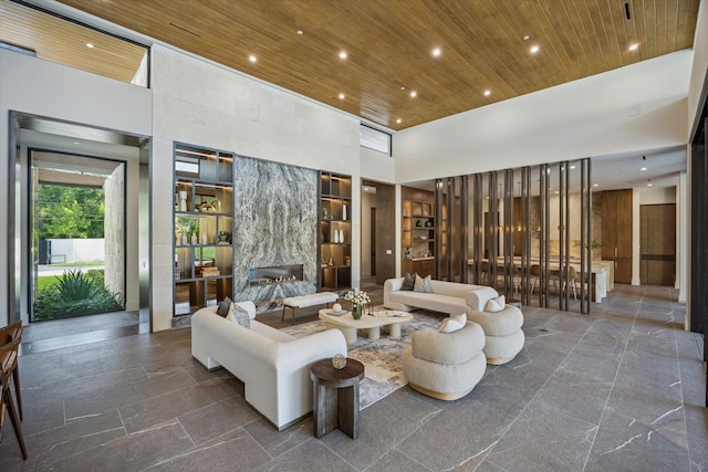 9010 Memorial Dr, Houston, TX 77024 - lobby with wood ceiling, a towering ceiling, and recessed lighting