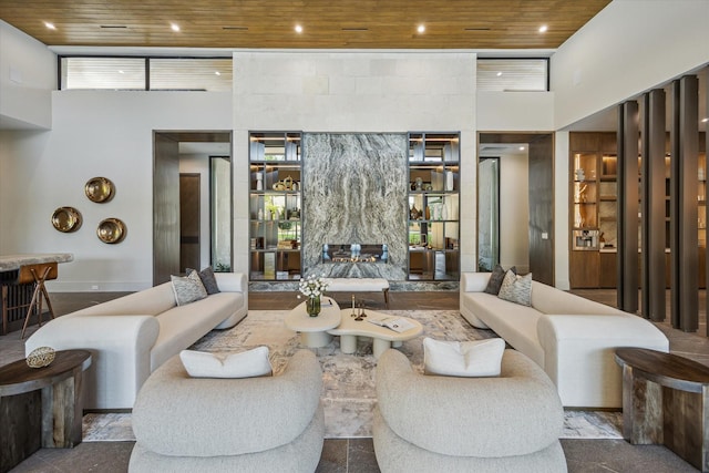 9010 Memorial Dr, Houston, TX 77024 - living room with wooden ceiling, a towering ceiling, and recessed lighting