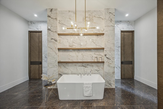 9010 Memorial Dr, Houston, TX 77024 - bar with marble tiled flooring, stone wall, a chandelier, recessed lighting, and baseboards