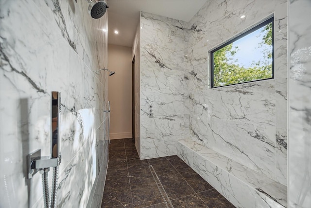 9010 Memorial Dr, Houston, TX 77024 - full bathroom featuring a marble finish shower, marble tiled floors, and recessed lighting
