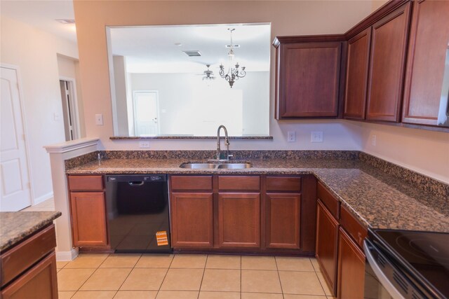 5123 Harbor Palm Dr, Rosenberg, TX 77469 - kitchen featuring black dishwasher, a sink, a chandelier, light tile patterned flooring, and dark stone countertops