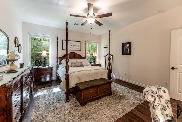 1812 Camellia Dr, Huntsville, TX 77340 - bedroom with dark wood-style floors, multiple windows, and ceiling fan