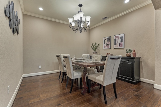 114 Cedar Brush Ct, Montgomery, TX 77316 - dining room featuring a chandelier, dark wood finished floors, baseboards, crown molding, and recessed lighting