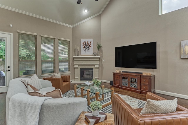 114 Cedar Brush Ct, Montgomery, TX 77316 - living room featuring wood finished floors, crown molding, baseboards, plenty of natural light, and a glass covered fireplace
