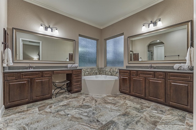 114 Cedar Brush Ct, Montgomery, TX 77316 - bathroom with a soaking tub, two vanities, and crown molding