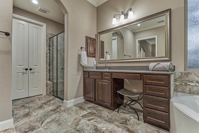 114 Cedar Brush Ct, Montgomery, TX 77316 - full bath featuring ornamental molding, a stall shower, vanity, a garden tub, and baseboards