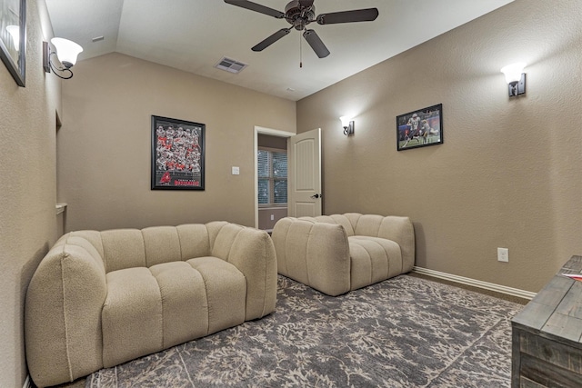 114 Cedar Brush Ct, Montgomery, TX 77316 - home theater room featuring ceiling fan, lofted ceiling, baseboards, and carpet flooring