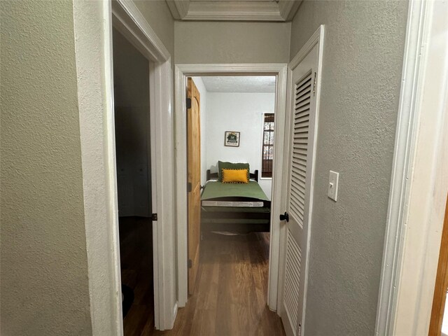 164 Pine Hollow Cv, Brookeland, TX 75931 - hallway featuring a textured wall and wood finished floors
