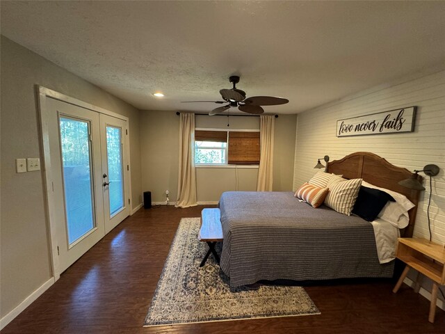 164 Pine Hollow Cv, Brookeland, TX 75931 - bedroom with access to outside, wood finished floors, baseboards, french doors, and ceiling fan