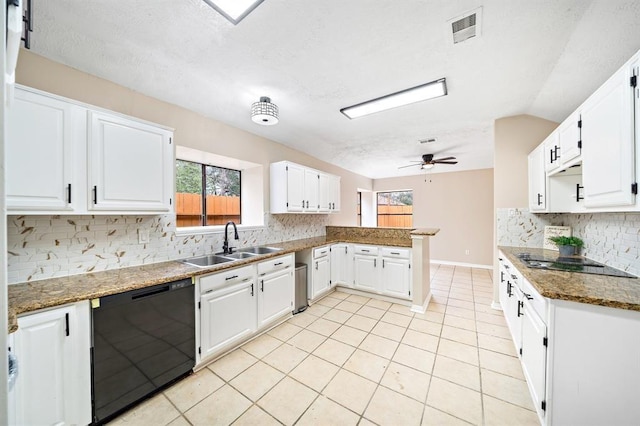 21102 Marcin Dr, Spring, TX 77388 - kitchen featuring black appliances, a sink, a peninsula, backsplash, and a ceiling fan