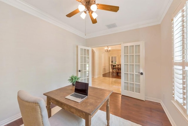 126 S Bluff Creek Cir, The Woodlands, TX 77382 - home office with french doors, a chandelier, wood finished floors, crown molding, and a ceiling fan
