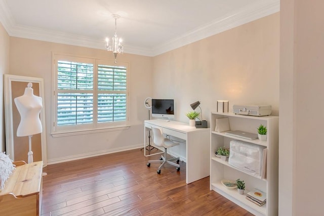 126 S Bluff Creek Cir, The Woodlands, TX 77382 - office area featuring a chandelier, wood finished floors, and ornamental molding