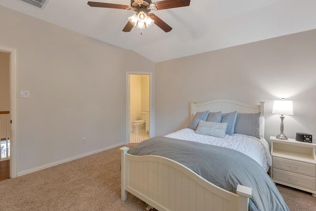 126 S Bluff Creek Cir, The Woodlands, TX 77382 - bedroom featuring light carpet, vaulted ceiling, a ceiling fan, and ensuite bath