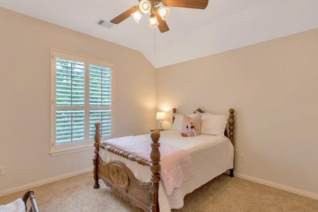126 S Bluff Creek Cir, The Woodlands, TX 77382 - bedroom featuring carpet floors, vaulted ceiling, and ceiling fan