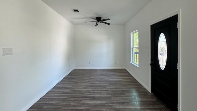 322 W Nazro St, Baytown, TX 77520 - foyer entrance with ceiling fan, dark wood-style flooring, and baseboards