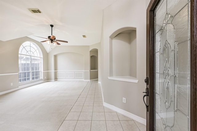 11510 Amber Canyon Dr, Houston, TX 77095 - foyer featuring a ceiling fan, light tile patterned flooring, and vaulted ceiling